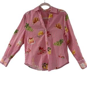 Food Print Pink Stripe Button Up Coastal Grandma Picnic Italian M 100% Cotton